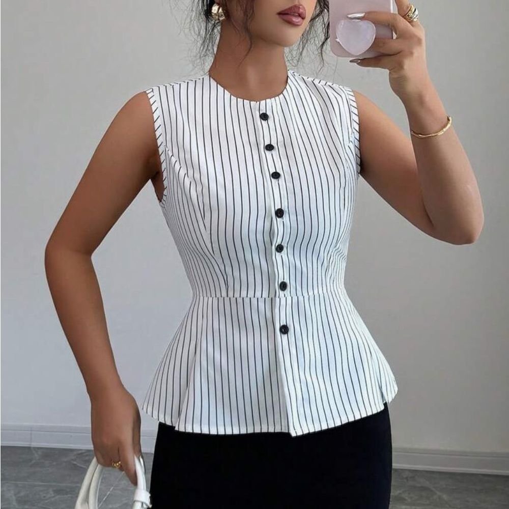 Sleeveless Striped Button-Up Peplum Vest Top Sz XL/12